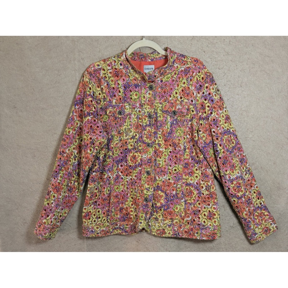 Chicos Embroidered Eyelet Jacket Womens Sz 3 US XL Orange‎ Yellow Pockets Lined